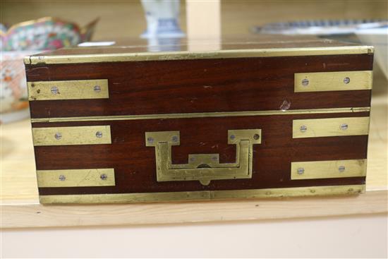 A 19th century mahogany and brass bound pistol box, adapted interior 25 x 33cm